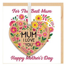 TheGiffter Mothers Day Card Gift for Mum, Happy Mother’s Day Wooden Heart Plaque Gift with Envelope, 150x150mm Cards from Son Daughter Children Kids
