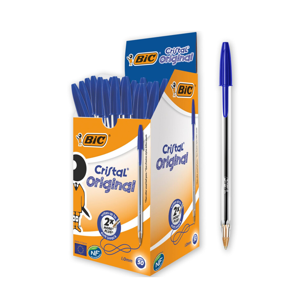 Bic Cristal Original Ball Point Pen - Pack Of 50 Pens - Medium Point (1.0 Mm) - Blue Ink