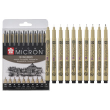 SAKURA Pigma Micron Fineliner Pens Set of 10 | Waterproof, Permanent Black Ink, Assorted Sizes | Pens for Writing, Drawing & Journaling