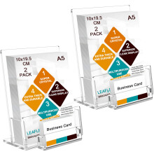 A5 Leaflet Holder with Business Card Holder, Crystal Clear Acrylic Brochure Holder 2 Pack, Freestanding Menu Flyer Perspex Display Sands for Magazine