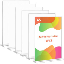 Thboxes A5 Acrylic Sign Holder, 6 Pack T-Shaped Double-Side Display Stand Poster Holder Clear A5 Menu Holders for Office, Hotel Store Restaurant