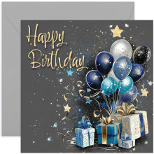 Special Male Birthday Card for Men - Birthday Greeting Cards for Him - Blue and Gold Gifts and Balloons Artwork Birthday Cards for Men - Stylish and
