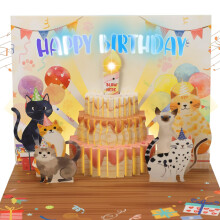 Musical Birthday Cards, Cat Pop Up Birthday Cards with Lights, DIY Number Age 3D Blowable Candle Greeting Card, Birthday Card for Boys, Girls, Man, W