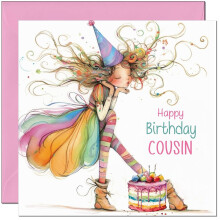 Cousin Birthday Card for Girls - Rainbow Girl & Cake Design - Quirky Cute Womens Ladies Birthday Cards for Cousins