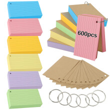 Flash Cards,600 PCS Multicolor Index Cards Revision Cards with 6 Binder Rings, 4.9 * 2.9 Inch Kraft Paper Flashcards Lined Record Cards Study Cards