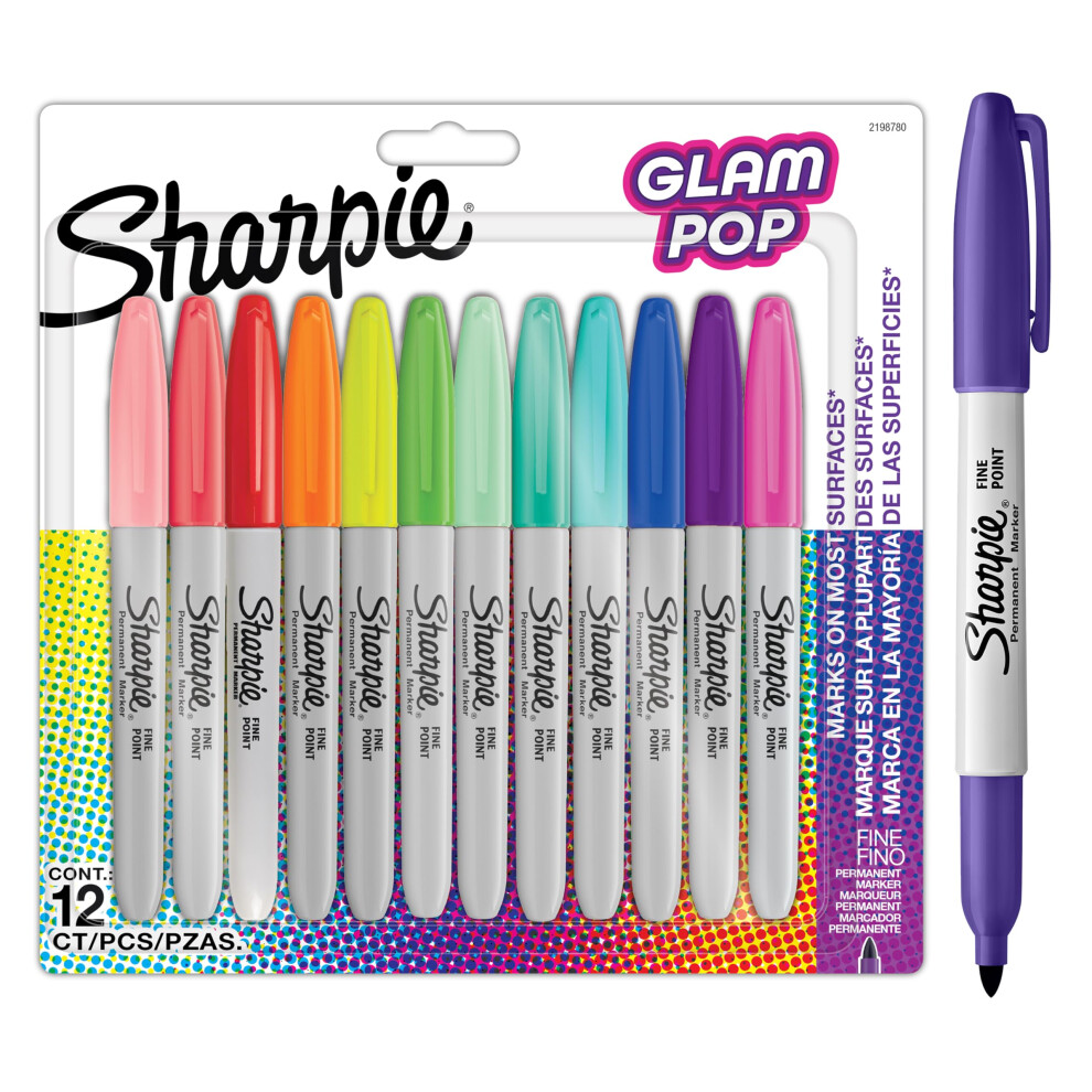 Sharpie Glam Pop Permanent Markers | Fine Point For Bold Details | Assorted Vibrant Colours | 12 Marker Pens