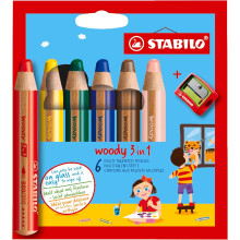 STABILO woody 3-in-1 - Multi-Talented Pencil - Pack of 6 - Assorted Colours with Sharpener