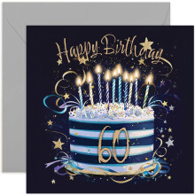 Special 60th Birthday Card for Him - Sixty Years Old Birthday Greeting Cards - Navy Blue and Gold Birthday Cake Artwork Birthday Cards for Men - Styl