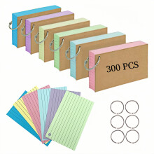 Flash Cards 300 PCS Revision Cards 3x5 Inch Kraft Paper Notecards with 6 Metal Binder Ring Multicolor Double Sided Flshcards for Office Home School