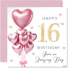 16th Birthday Cards for Girls - Pink Glitter Balloons - Happy Birthday Card for 16 Year Old Girl Cousin Daughter Niece Great Niece, 145mm Bday Greeti