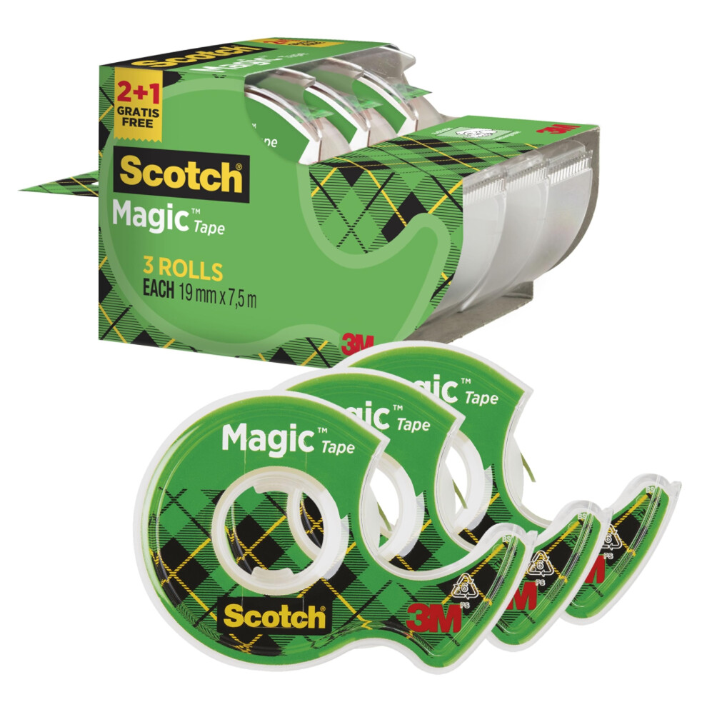 Scotch Magic Tape, Promo Pack, 2 Rolls On Handheld Dispenser + 1 Free, 19 Mm X 7.5 M - General Purpose Sticky Tape For Document Repair, Labelling & S