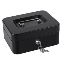 Money Tin Box with Key, Portable Cash Box with Coin Tray, Small Cash Tin for Home, Office and Events (Black-medium)