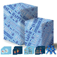 Blue Happy Birthday Wrapping Paper 43% Bigger 85 * 60cm,8 Sheets,8 Bows,8 Cards,8 Envelopes,8 Tags,Gift Wrap Pack for Men,Dad,Husband,Brother,Son,Boy
