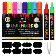 BUYZIA Liquid Chalk Pens for Blackboards, Windows & Glass, 6mm Reversible Tip Neon Color Chalk Markers for Non Porous Surfaces, Wipeable Chalkboard P