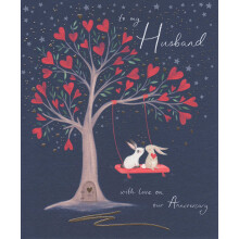 Woodmansterne Husband Anniversary Card - Illustrated Bunnies in a Tree - Night Sky with Love