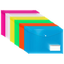 Plastic Wallets, 30 Pack A4 File Folders for Document Paperwork Clear Assorted Coloured Envelope with Label Pocket Snap Button Home School Travel Off