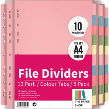 File Dividers A4, 10 Part Folder Dividers for Ring Binders & Lever Arch Files (5 Pack) Binder and Subject Dividers with Writeable Coloured Index Tabs