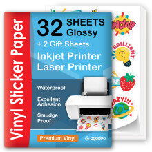 Premium Printable Vinyl Sticker Paper - 32 Sheets - Glossy A4 - Waterproof - Laser & Inkjet Vinyl Sticker Paper - Printable Sticker Paper - for Cricu