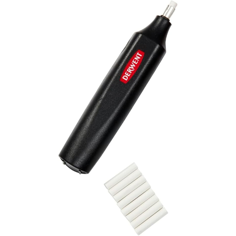 Derwent Battery-Operated Eraser Pen, Includes 8 Spare Erasers, Suitable For Graphite, Colored And Pastel Pencils, Professional Quality, 2301931, Blac