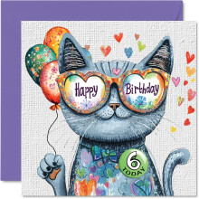 6th Birthday Card Girl - Purrfect Cat Balloons - Cat Birthday Card for 6 Year Old Girl, Age 6 Girls Cards, 145mm Cats Greeting