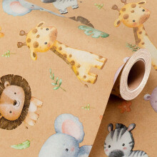 Wikadlik Kraft Wrapping Paper, 43cm x 10m Happy Animal Themed Gift Wrap Paper with Grid Cutting Lines for Birthday, Holiday, Party Celebration