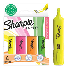 Sharpie Fluo XL Highlighters | Chisel Tip Highlighter Pens | Highly Visible YellowPinkOrange & Green Fluorescent Colours | 4 Count Highlighter Multip
