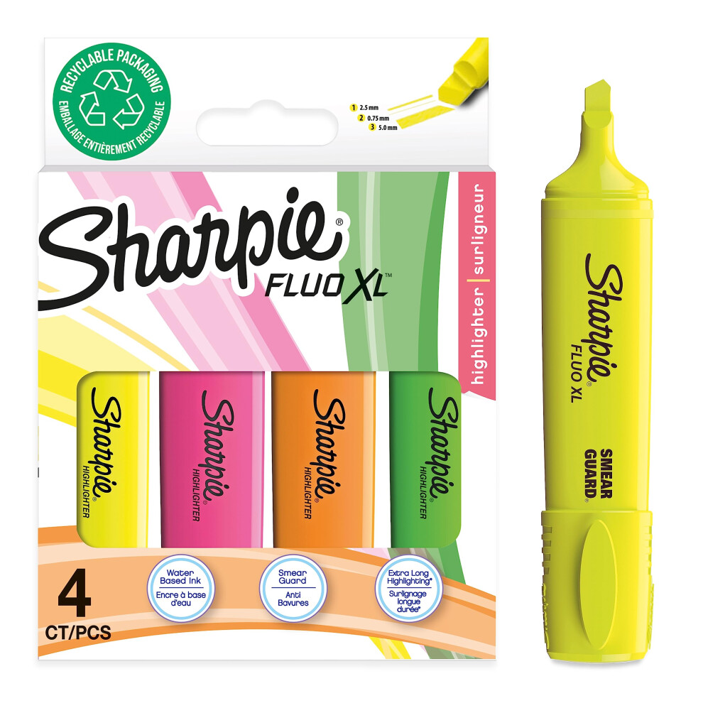 Sharpie Fluo Xl Highlighters | Chisel Tip Highlighter Pens | Highly Visible Yellowpinkorange & Fluorescent Colours | 4 Count Highlighter Multip Green