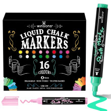 WINSONS Whiteboard Pens, Chalk Pens for Blackboards, 6mm Bold-Tip, 16 Vibrant Colours, Eraserble Pens for Chalk Board, Window, Bistro Boards