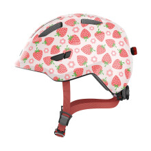 ABUS children's helmet Smiley 3.0 LED - bike helmet with light - deep fit & space for a pigtail - for girls and boys - pink with strawberry pattern,