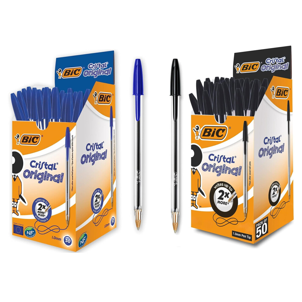 Bic Cristal Original Smudge Free Ballpoint Medium Point (1.0Mm) Pens, Black, Pack Of 50 Cristal Original Ballpoint Medium Point (1.0 Mm) Pens, Blue,