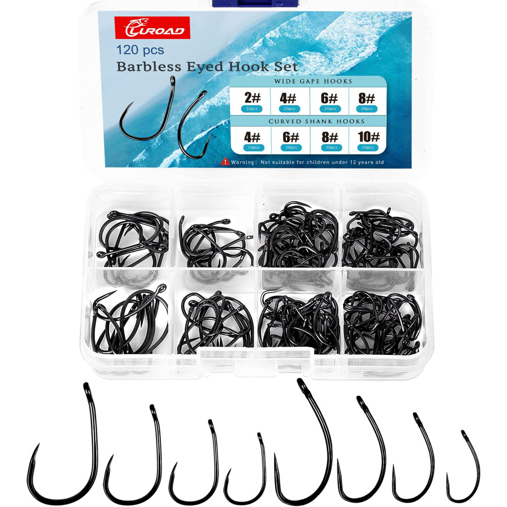 Luroad 120Pcs Carp Barbless Fishing Hooks, Wide Gape And Curved Shank Eyed Hooks Size 2, 4, 6, 8, 10 For Freshwater Saltwater, Comes In A Tough Tackl 5003294437403