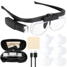 Headband Magnifying Glass, Rechargeable Head Magnifier Glasses with 2 LED Lights, 3 Detachable Lenses (1.5X-2X-2.5X) for Reading, Jewelry Crafting, a