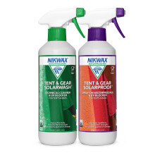 Nikwax TENT & GEAR SOLARWASH 500ml + TENT & GEAR SOLARPROOF 500ml, Tent Waterproofing Spray and UV Blocker for Synthetic Weatherproof Textiles, Tent