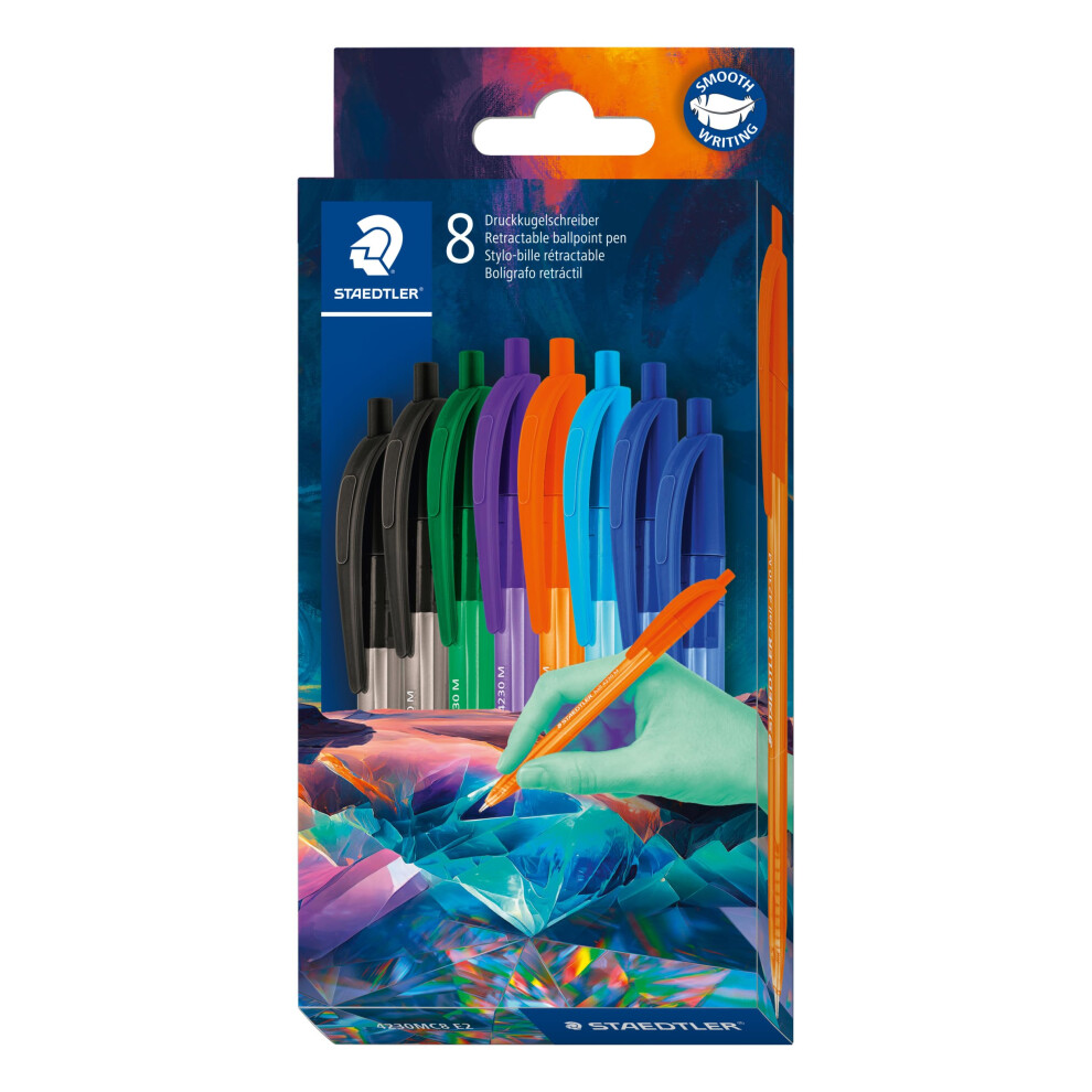 Staedtler Ballpoint Pens - Rainbow Medium Retractable Pen - Multiverse Design - 8 Assorted Colours - Pack Of 8, 4230C8e2-1
