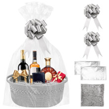 SelfTek Gift Basket Hamper Kit, Grey Rope Basket with Cellophane Bags, Raffia and Pull Bows Woven Storage Baskets Empty Gift Hamper for Shower, Weddi