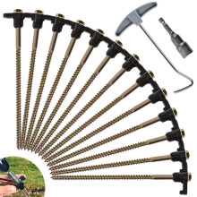 OFFOF 12 Pack Heavy Duty Metal Tent Pegs – Rotating Rock Pegs with Thread, Ground Anchors for Camping, Includes Drill Adapter & Nail Puller, Durable