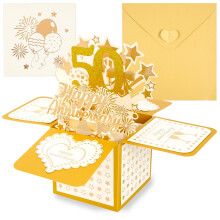 50th Golden Wedding Anniversary Cards, 3D Gold Happy Anniversary Pop Up Card with Envelope for Women Men Wife Husband Couples Parents