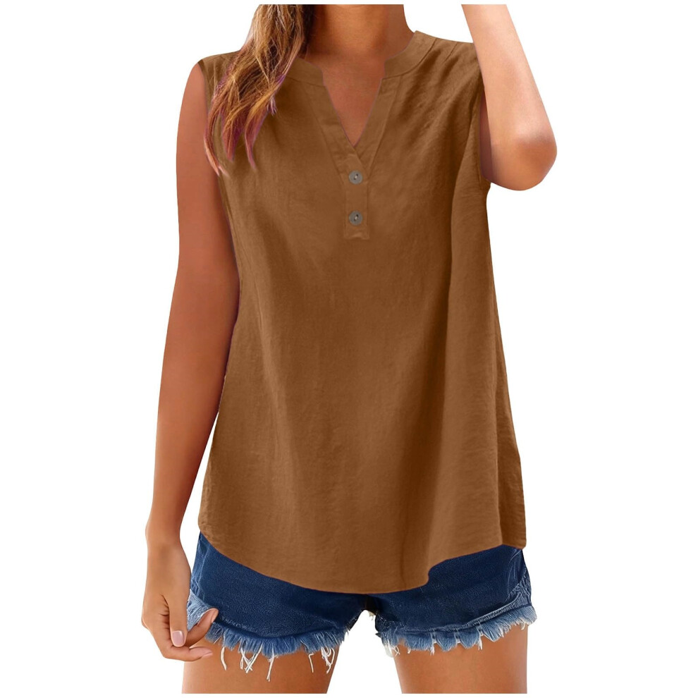 Brown Womens Sleeveless Linen Shirts Button Down Cotton V- S