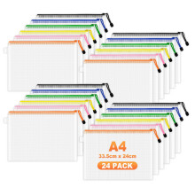 FOSHISY A4 Plastic Zipper Wallets,24 Pack Plastic Zip File Folders, Waterproof Mesh Zip Lock Bags A4 for Documents, Office & Classroom Travel Storage
