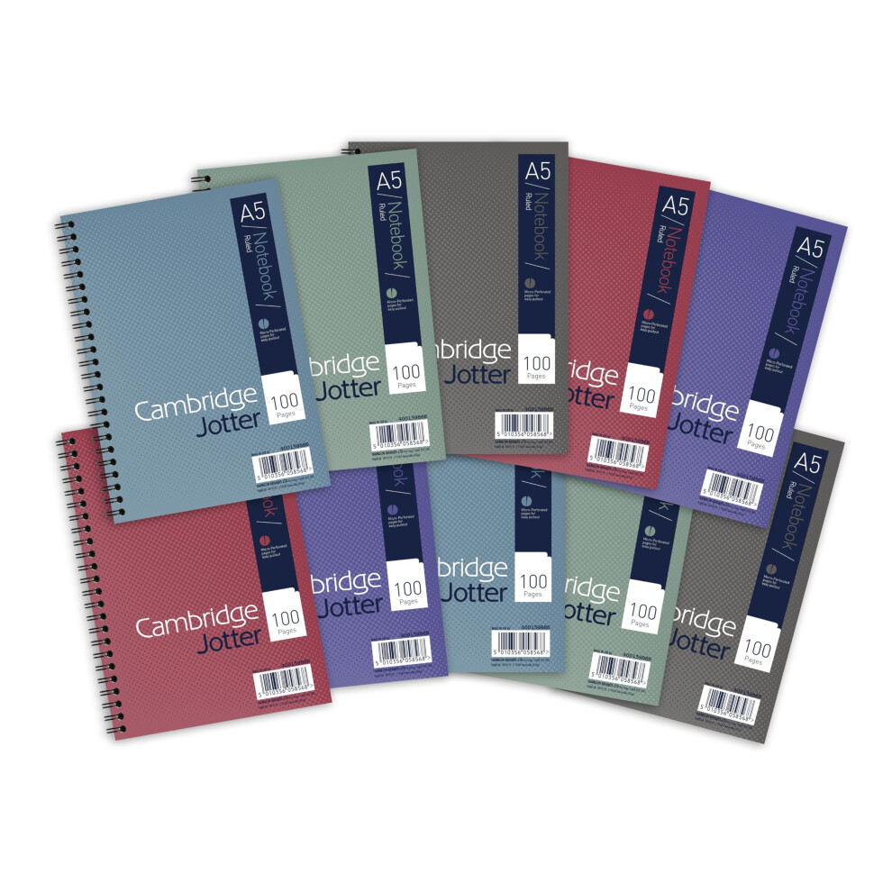 Photos - Other Office Equipment Cambridge Jotter A5 Notebook, Wirebound, 8 mm Lined with Margin, 100 Pages, Pack of 10 Notepads, Green, Blue, Grey, Red, Pur 