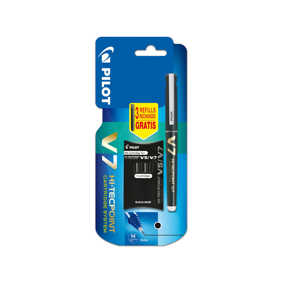 Pilot V7 Cartridge System Liquid Ink Rollerball 0.7 Mm Tip - Black, Single Pen With 3 Free Refills