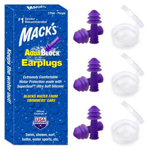 Mack's AquaBlock Swimming Earplugs, 3 Pair - Comfortable, Waterproof,