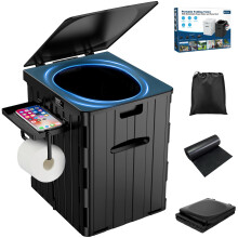 WADEO XXXL Portable Toilet, [Max to 181 KG] [Bigger Seat] with Lid & Phone + Toilet Roll Holder, Foldable Potty for Adults, Perfect for Camping, Trav