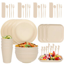 Camping Plates, Unbreakable Dinner Sets for 4, 48 Pcs Plastic Picnic Set for Party, Home & Picnic, Lightweight Microwave & Dishwasher Safe Camping Cu