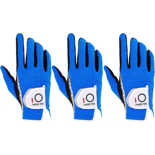 FINGER TEN Golf Gloves Men Left Right Hand Grip 3 Pack(Blue, ML,Right)