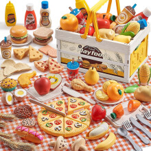 Play Food Sets for Kids Kitchen, Wheat Straw Pretend Food Toys with Kids Picnic Basket and Picnic Blanket, Cutting Toy Food