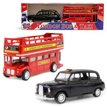 London Bus Diecast Model Double Decker Red Bus and Black Taxi Mini Models 1:32 Scale Pull-Back Buses Model Alloy Diecast Toy Vehicles Taxi Toys Metal