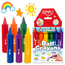 ZIMPLI - 6 Large Bath Crayons, Washable Colourful Kids Bath Pens, Creative Mess-Free Shower Toy, Wipe Clean Bath Fun, Paint Sticks for the Tub, Arts