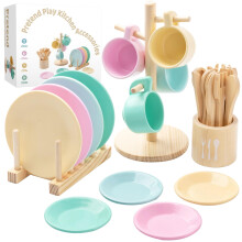 GAGAKU Wooden Play Kitchen Accessories 27 PCS Wood Toy Food Set for Kids Kitchen with Pots and Pans Role Play Cooking Toy Dishes and Plates Tea Set f