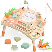 Activity Table for Baby 1+ Year Old, 9-in-1 Wooden Montessori Toy Busy Board for Kids with Shape Sorter Bead Maze, Fishing Game. Toddler Sensory Lear